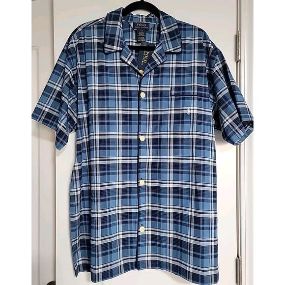 POLO RALPH LAUREN MEN'S STRETCH PAJAMA TOP -SHORT SLEEVE -BUTTON FRONT LARGE - Picture 1 of 9